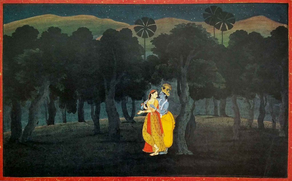 Radha and Krishna strolling in a forest. Painted by Nainsukh circa 1775